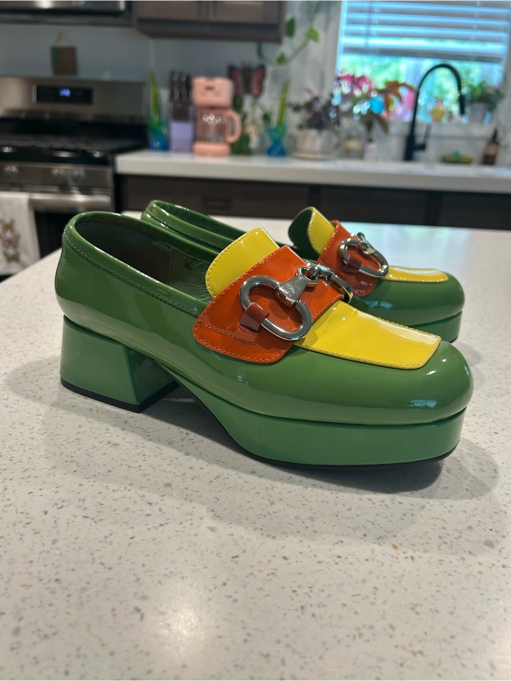 Jeffrey Campbell Patent Platform Loafers in Green, Yellow & Orange - Picture 4 of 4